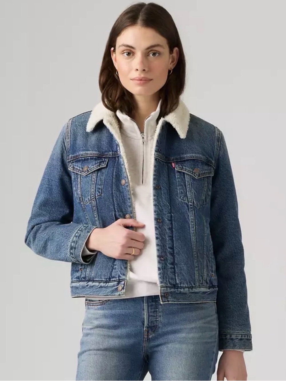 Levi's Blue cozy cropped Denim Jean Jacket with White Sherpa Collar, S